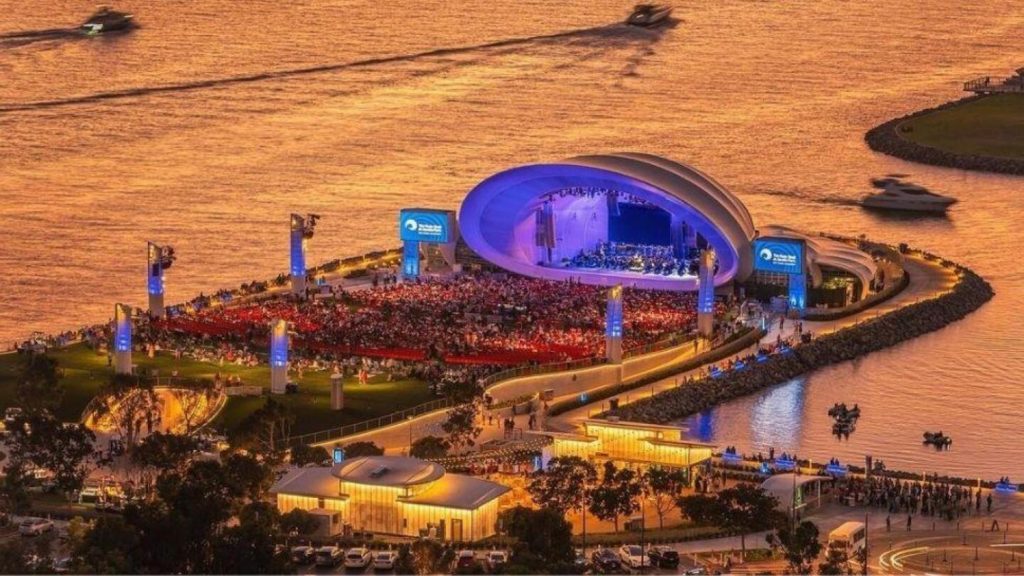 The shell music venue on the water sunset