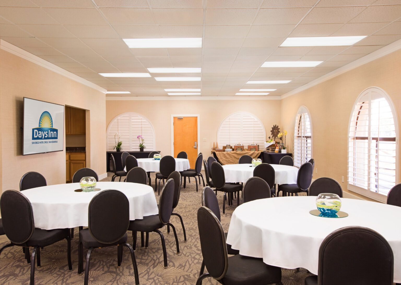 a meeting space set up for a business event