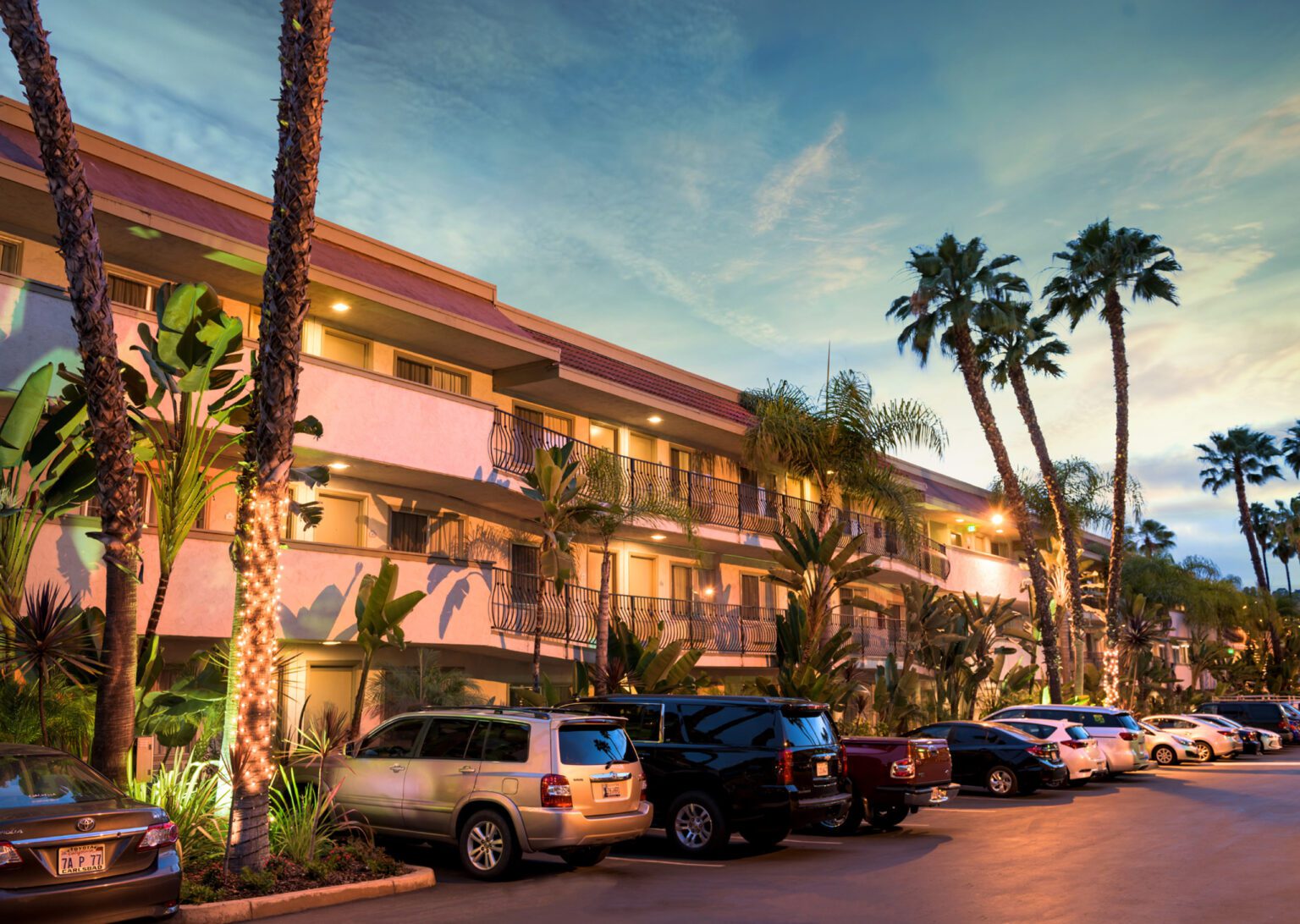 Hotel exterior at sunset