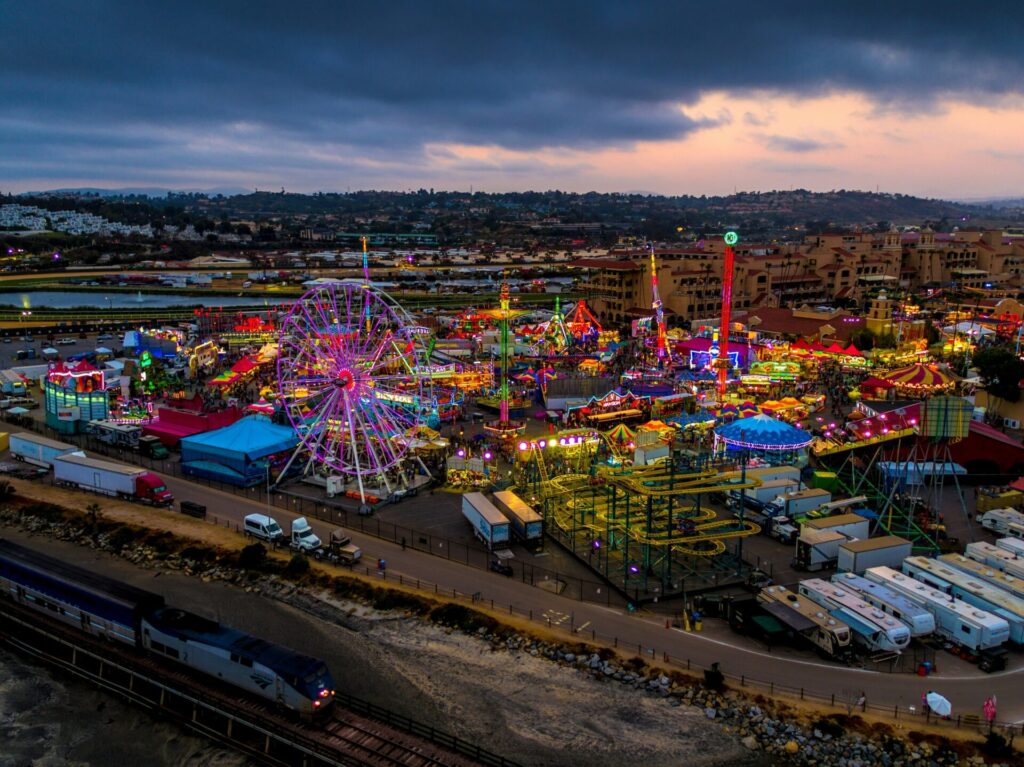 aerial view of an amusement park at dusk