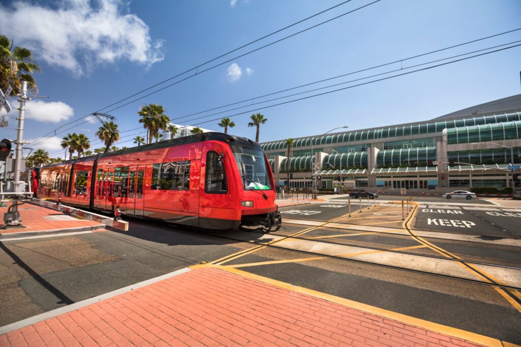 A red public transport train