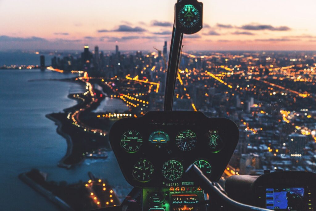 city view from a helicopter at night