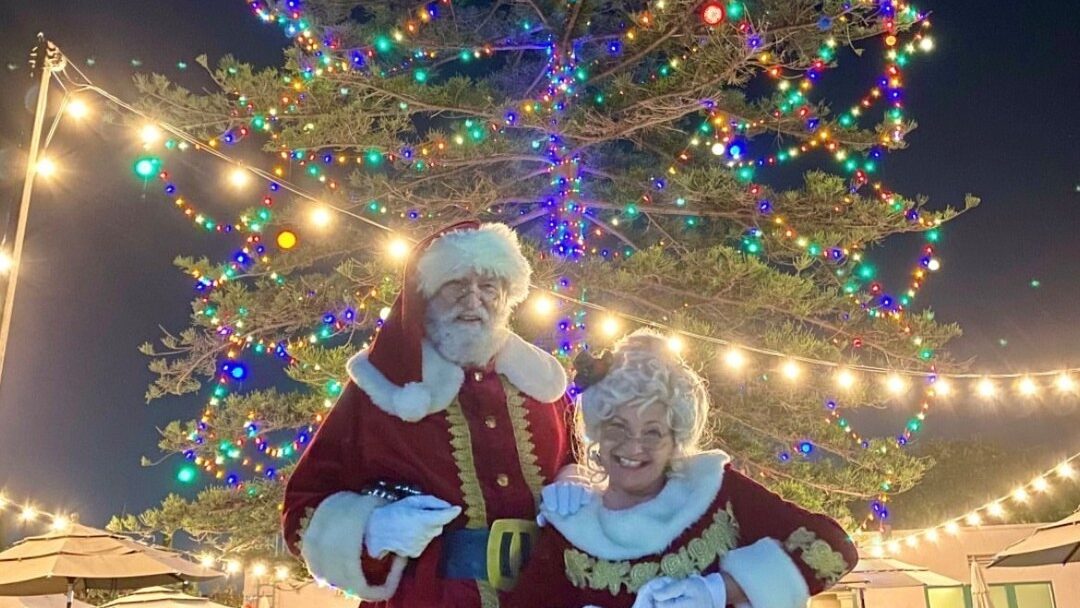 santa in front of tree