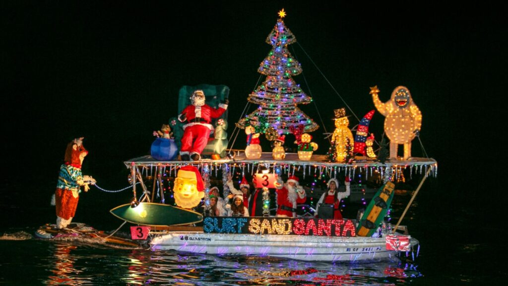 boat decorated for christmas