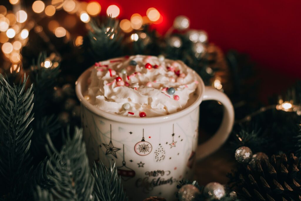 a drink with christmas decor