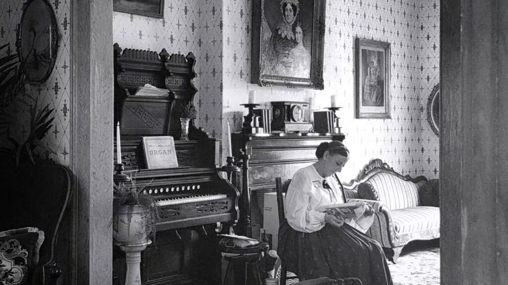 inside of whaley house, woman sitting on chair reading newspaper